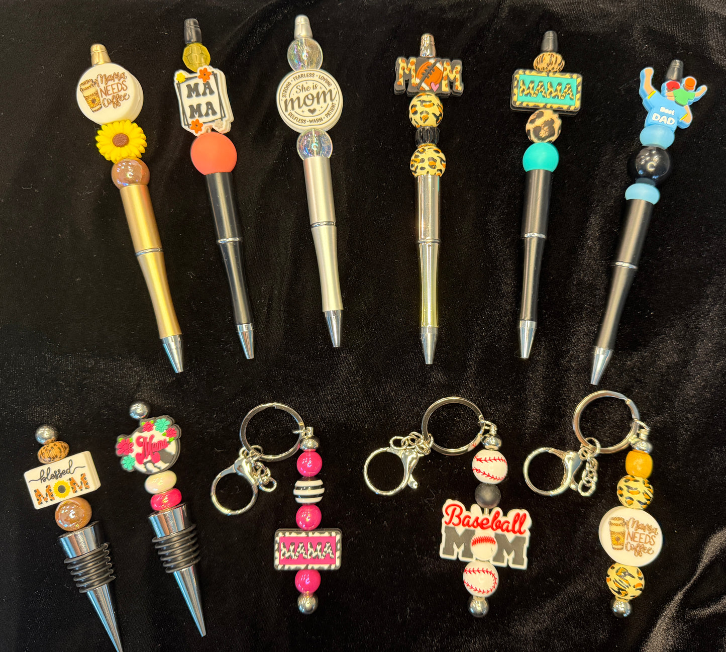 Mom, Dad pens, keychains, wine toppers