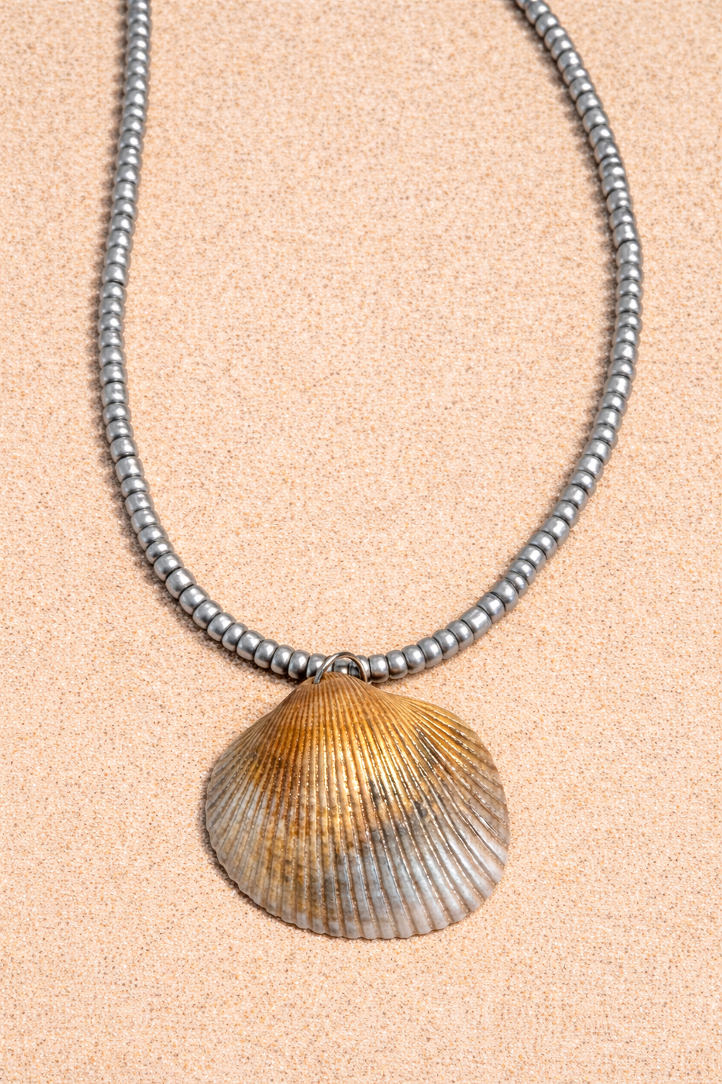One of a kind Calico shell Silver tan iridescent necklace